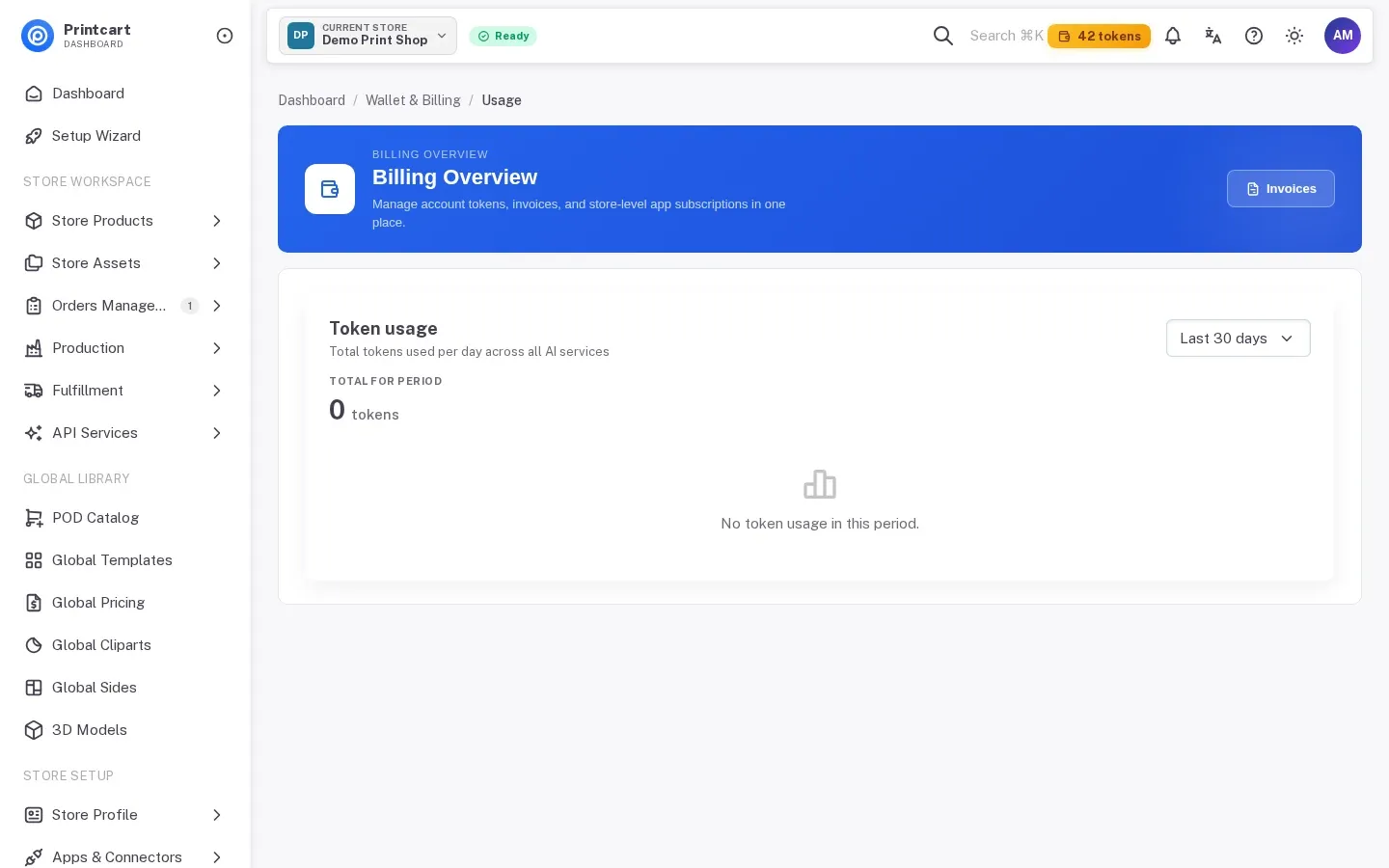 Token usage report with total tokens used for the period and a Last 30 days filter