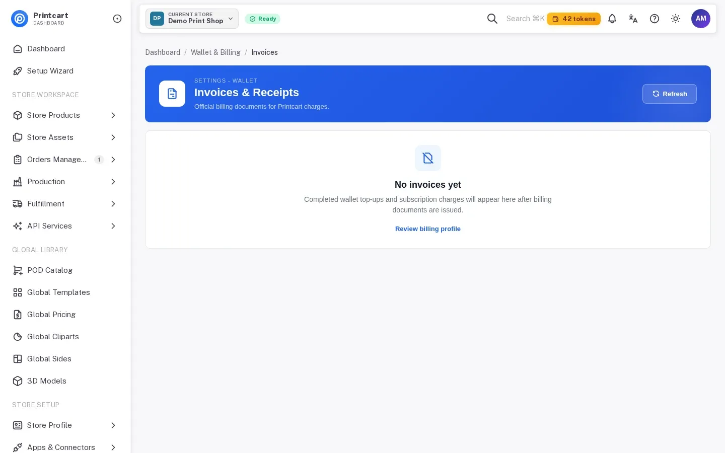 Invoices and Receipts page with a Review billing profile link