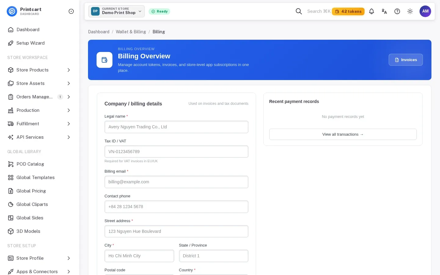 Billing profile page