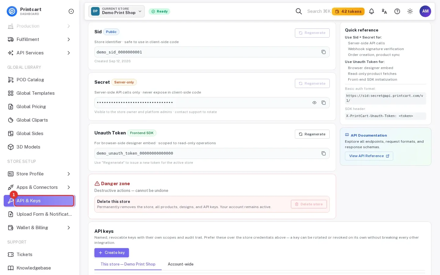 Left menu with API and Keys highlighted