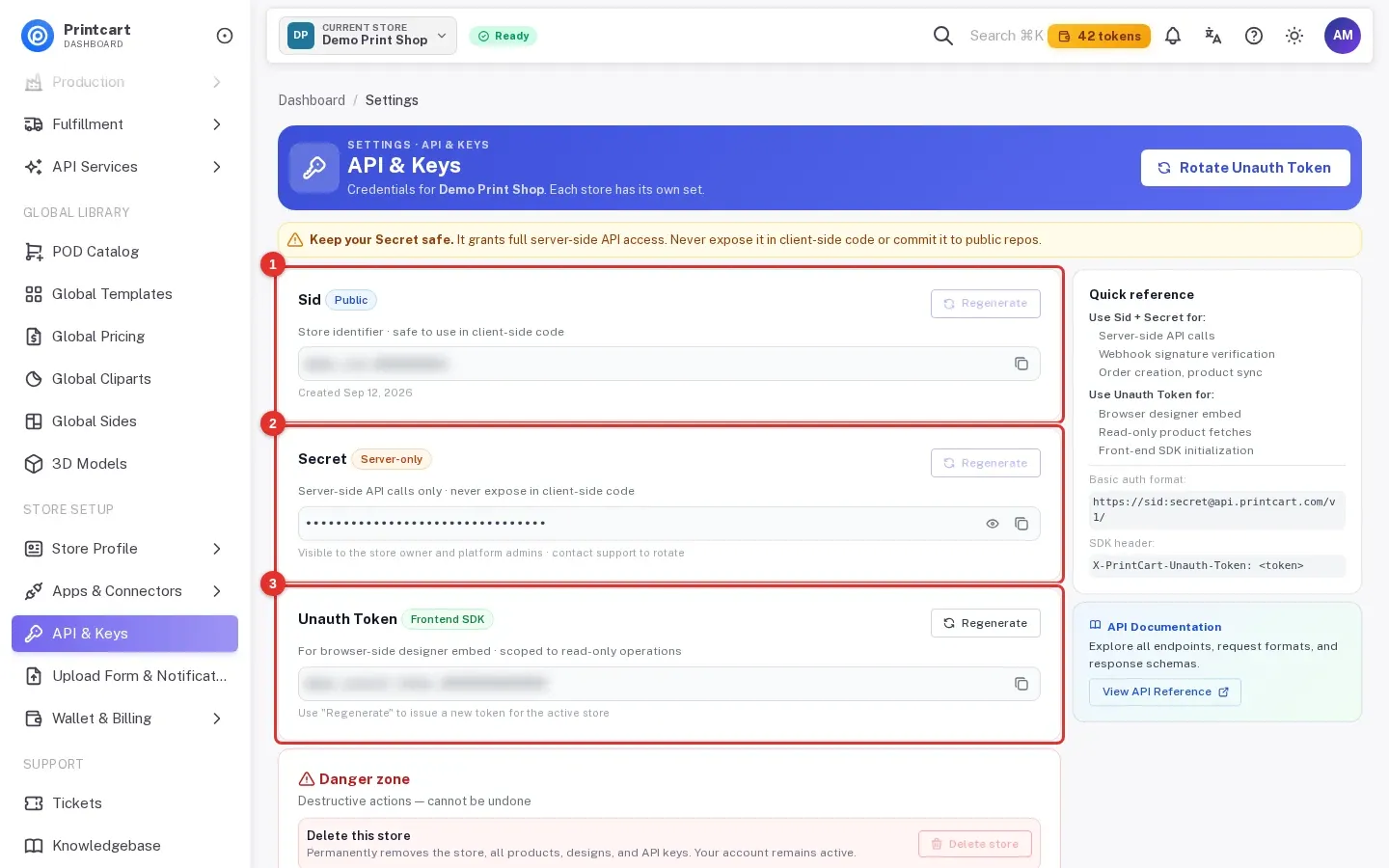 API and Keys page with the Sid, Secret and Unauth Token cards highlighted and the values hidden