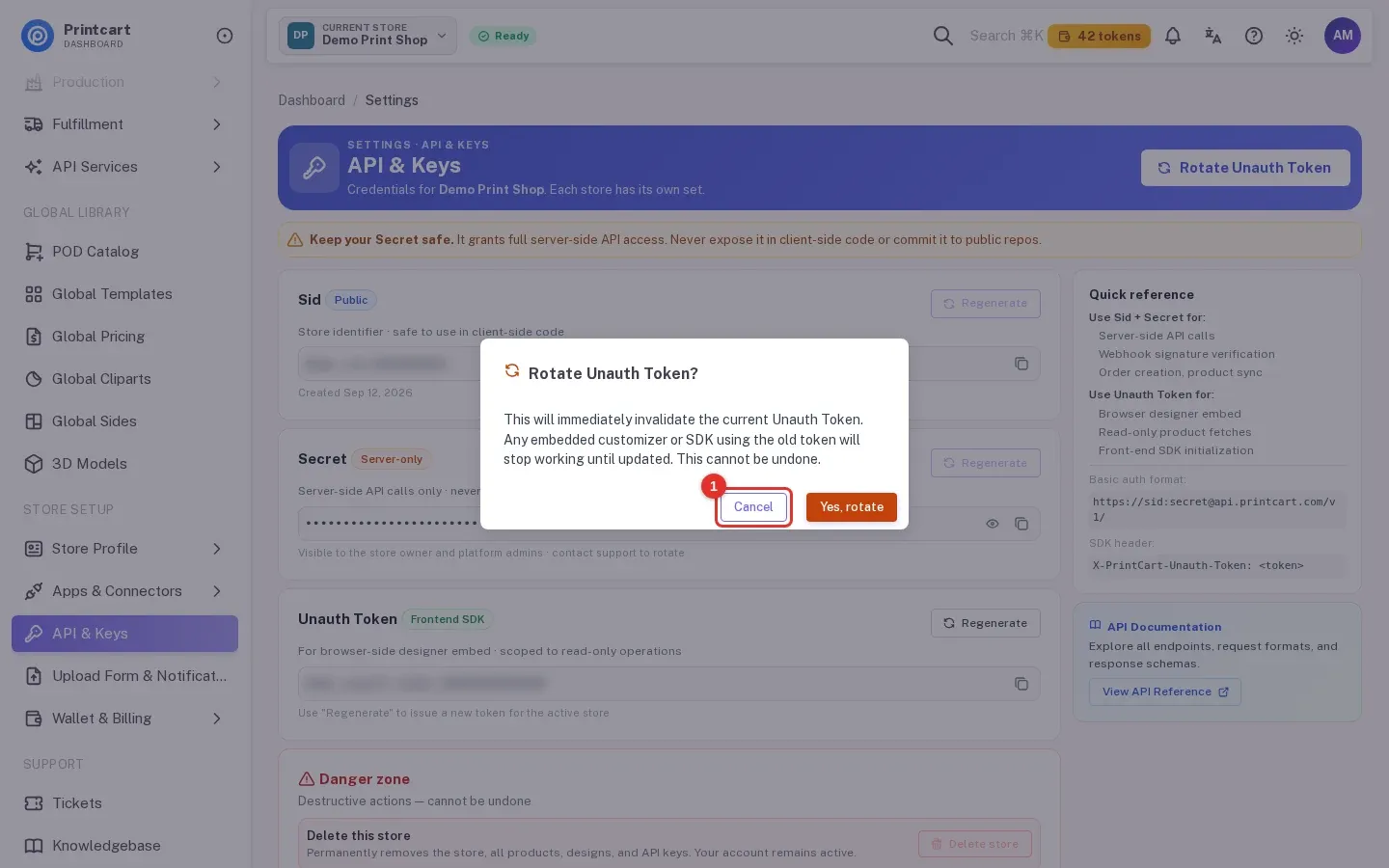 Rotate Unauth Token confirmation dialog warning that the old token stops working, with the Cancel button highlighted