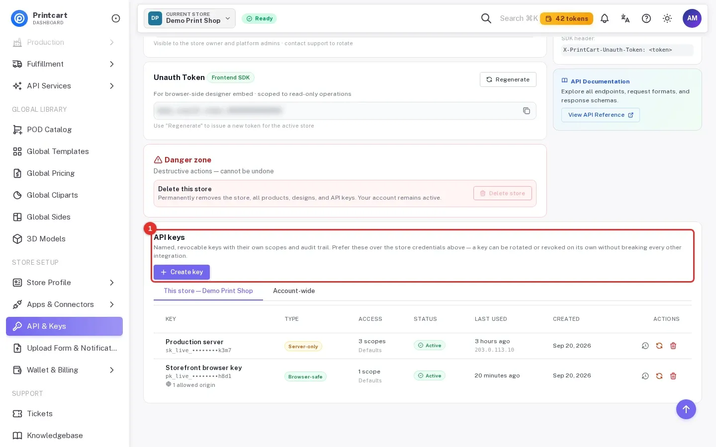 API keys section with the Create key button and the list of keys for this store