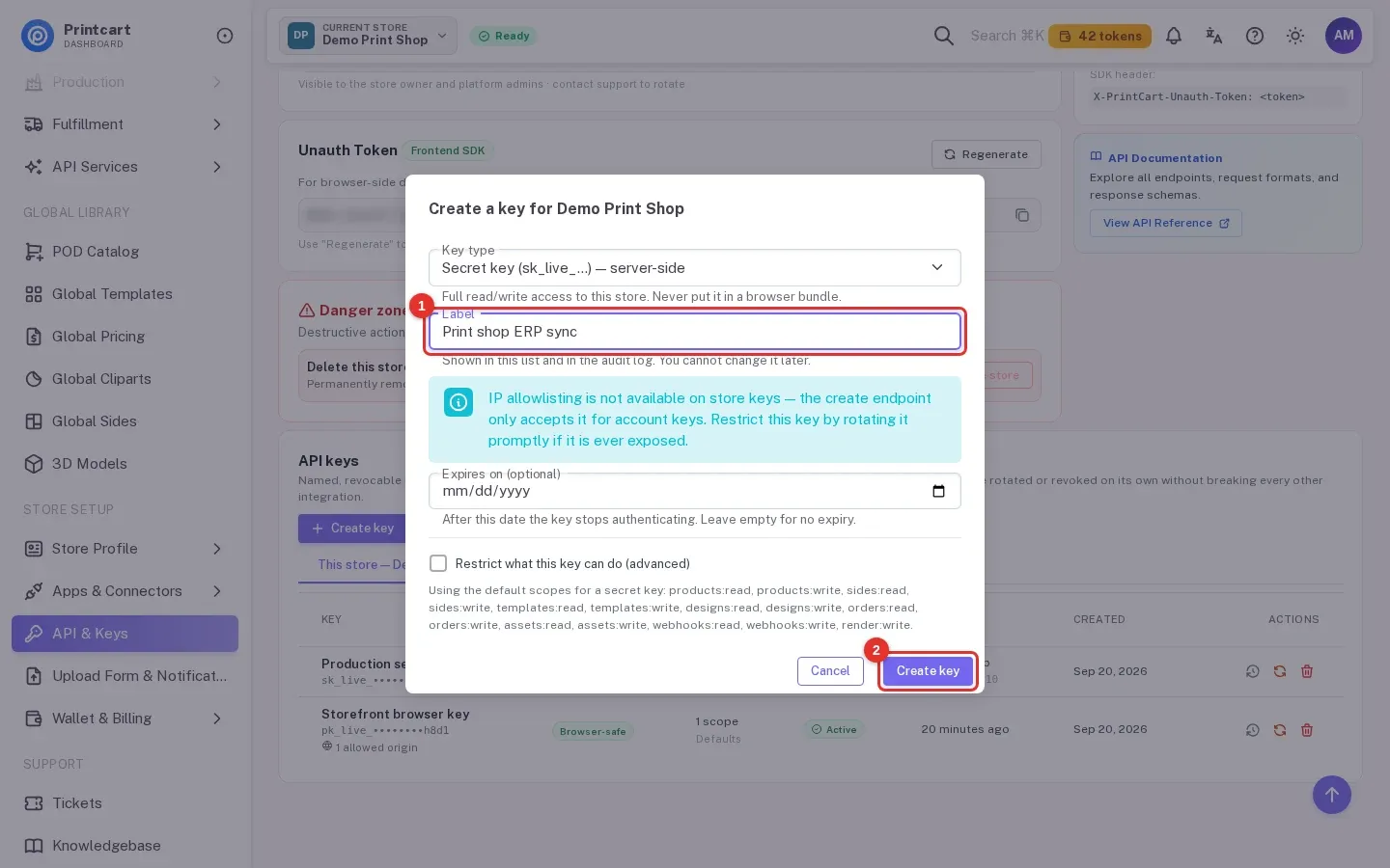 Create a key dialog with the key type, a label typed in and the Create key button highlighted