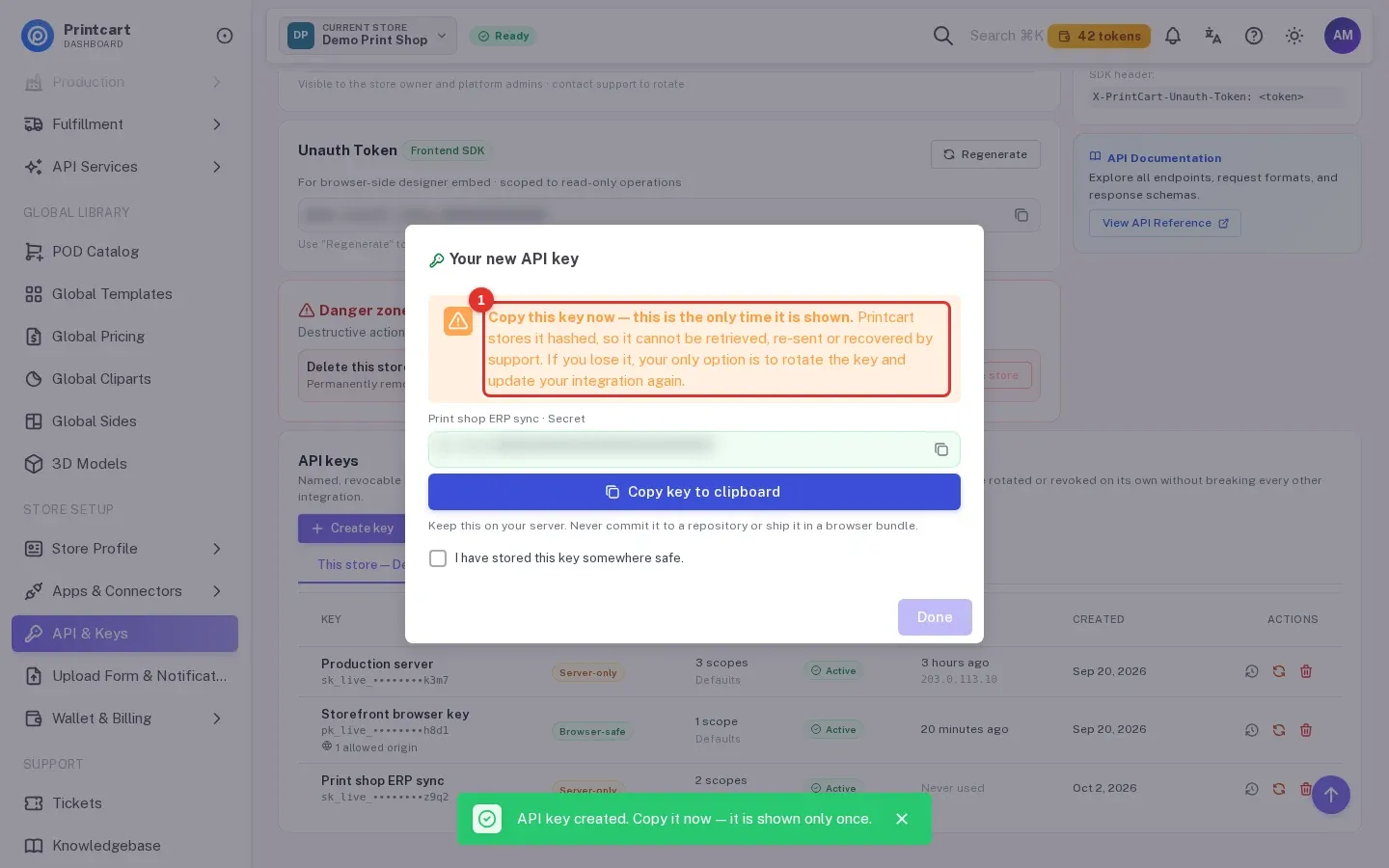 Your new API key dialog warning that the key is shown only once, with the key value hidden