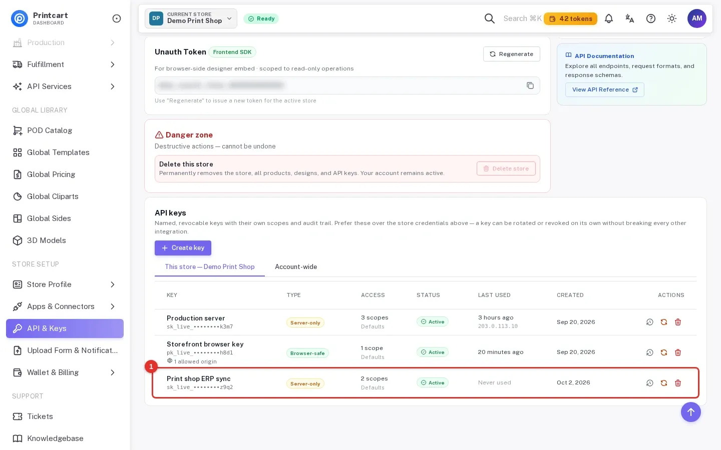 The new key listed in the API keys table with its type, access and status