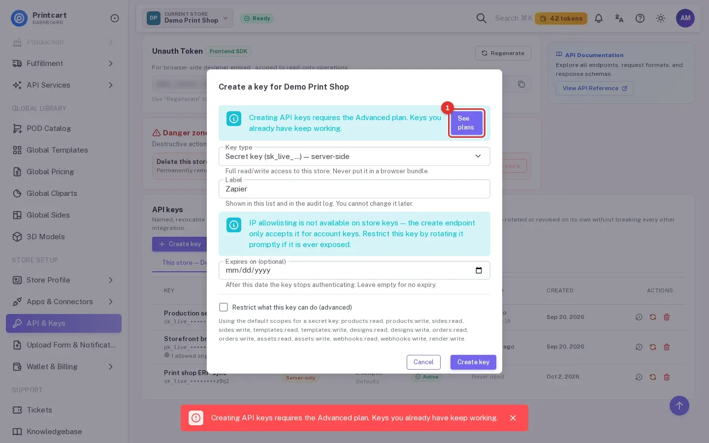 Create a key dialog showing the notice that creating API keys requires the Advanced plan, with the See plans button highlighted