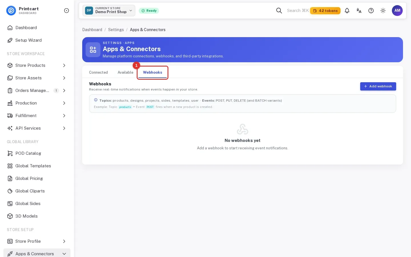 Apps and Connectors page on the Webhooks tab with no webhooks yet