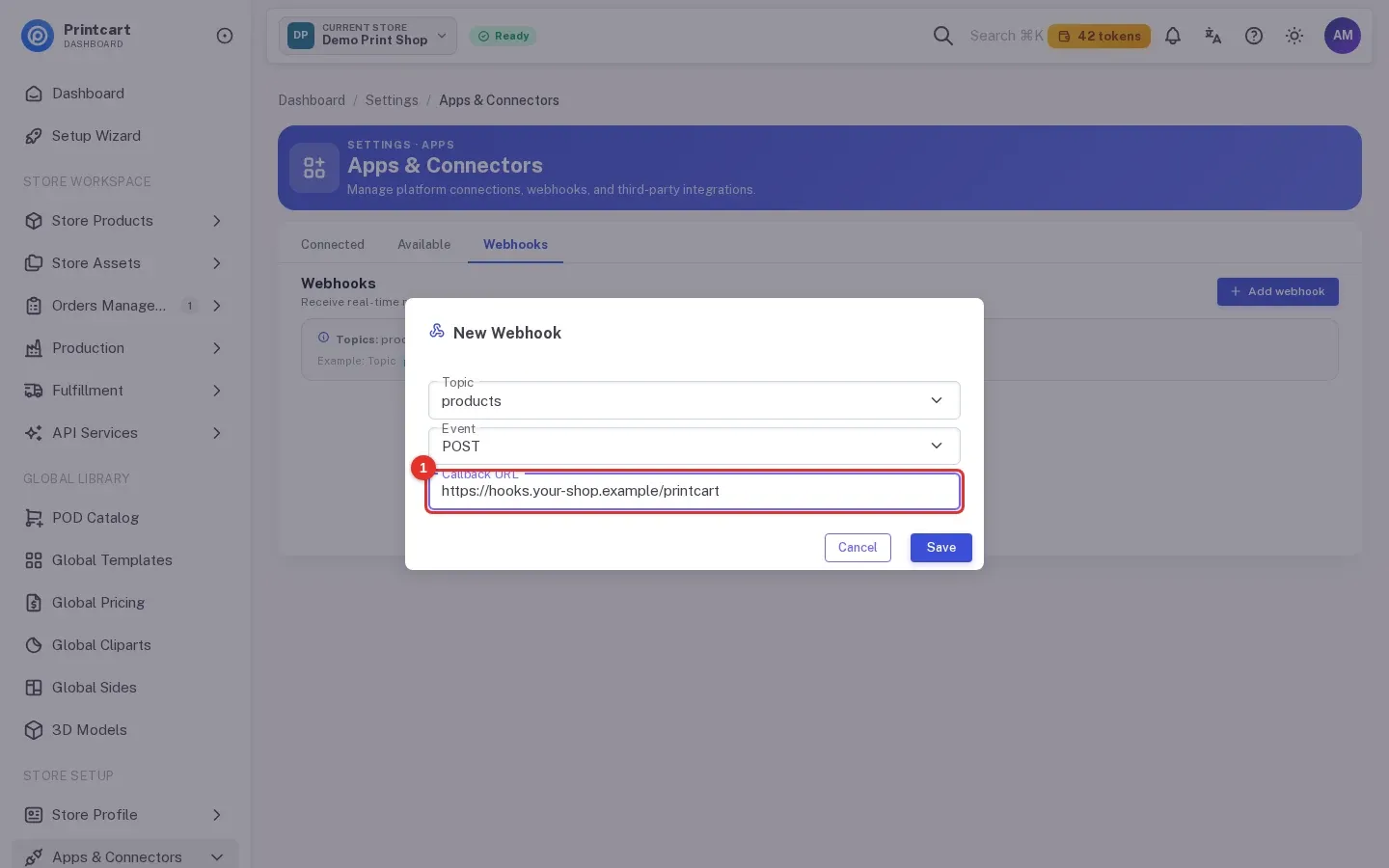 New Webhook dialog with the topic, the event and the callback URL highlighted