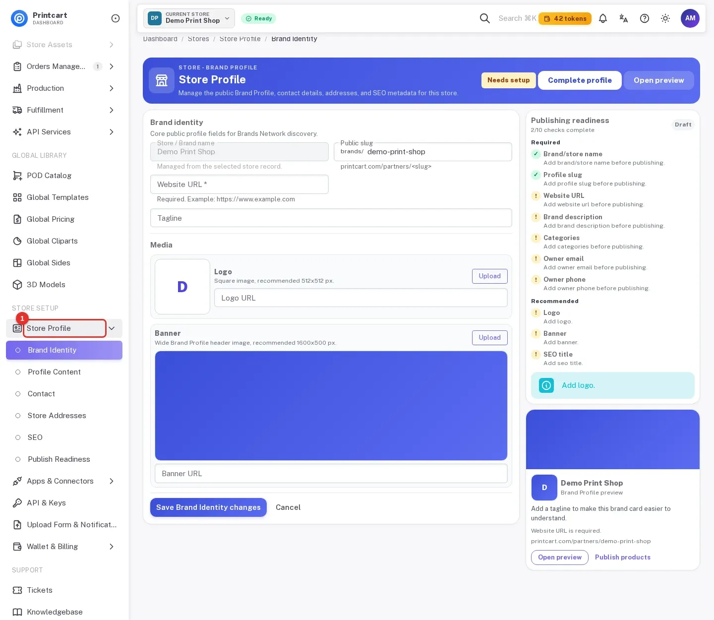 Left menu with the Store Profile group highlighted