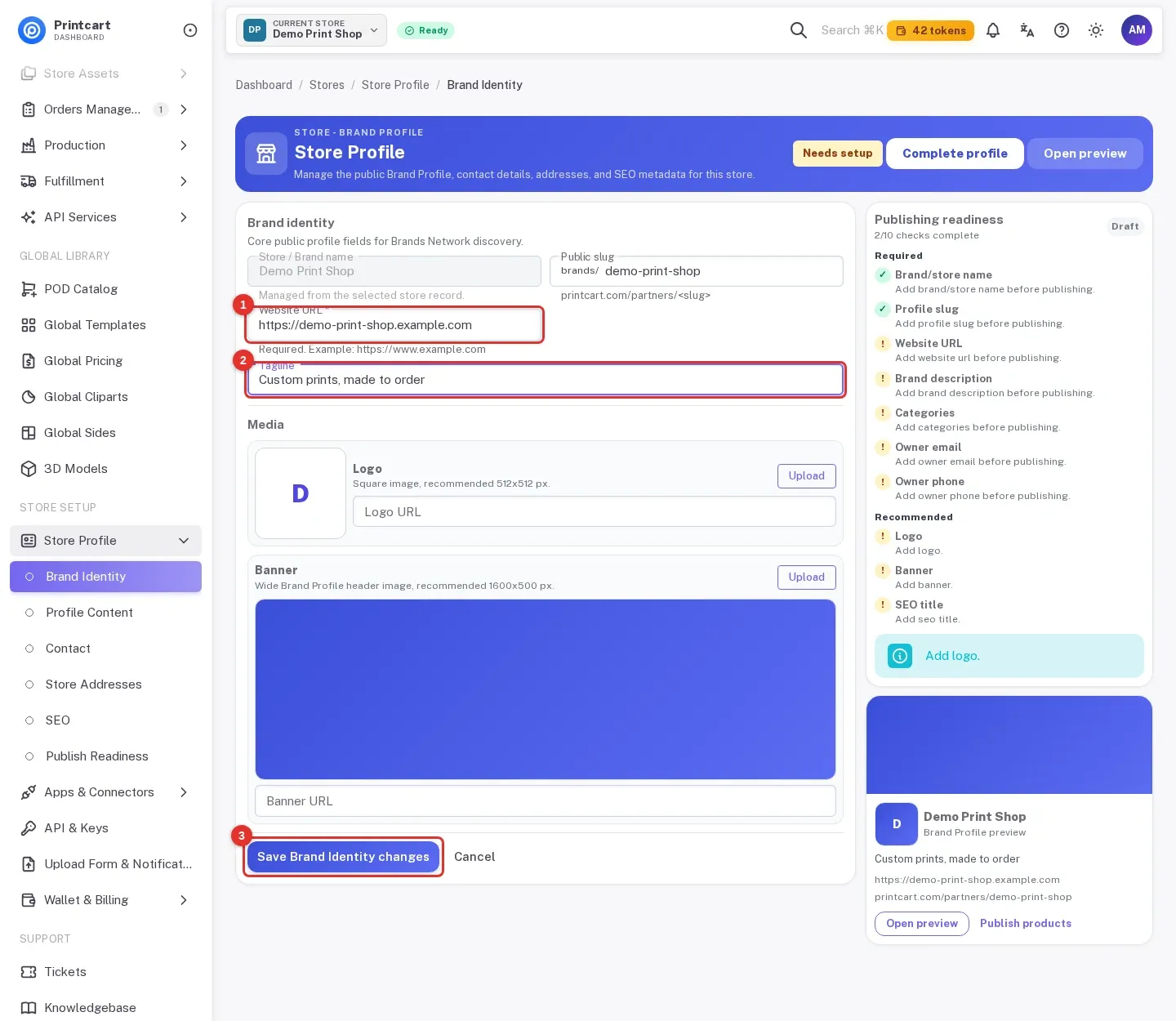 Brand identity form with the website URL, the tagline and the Save Brand Identity changes button highlighted