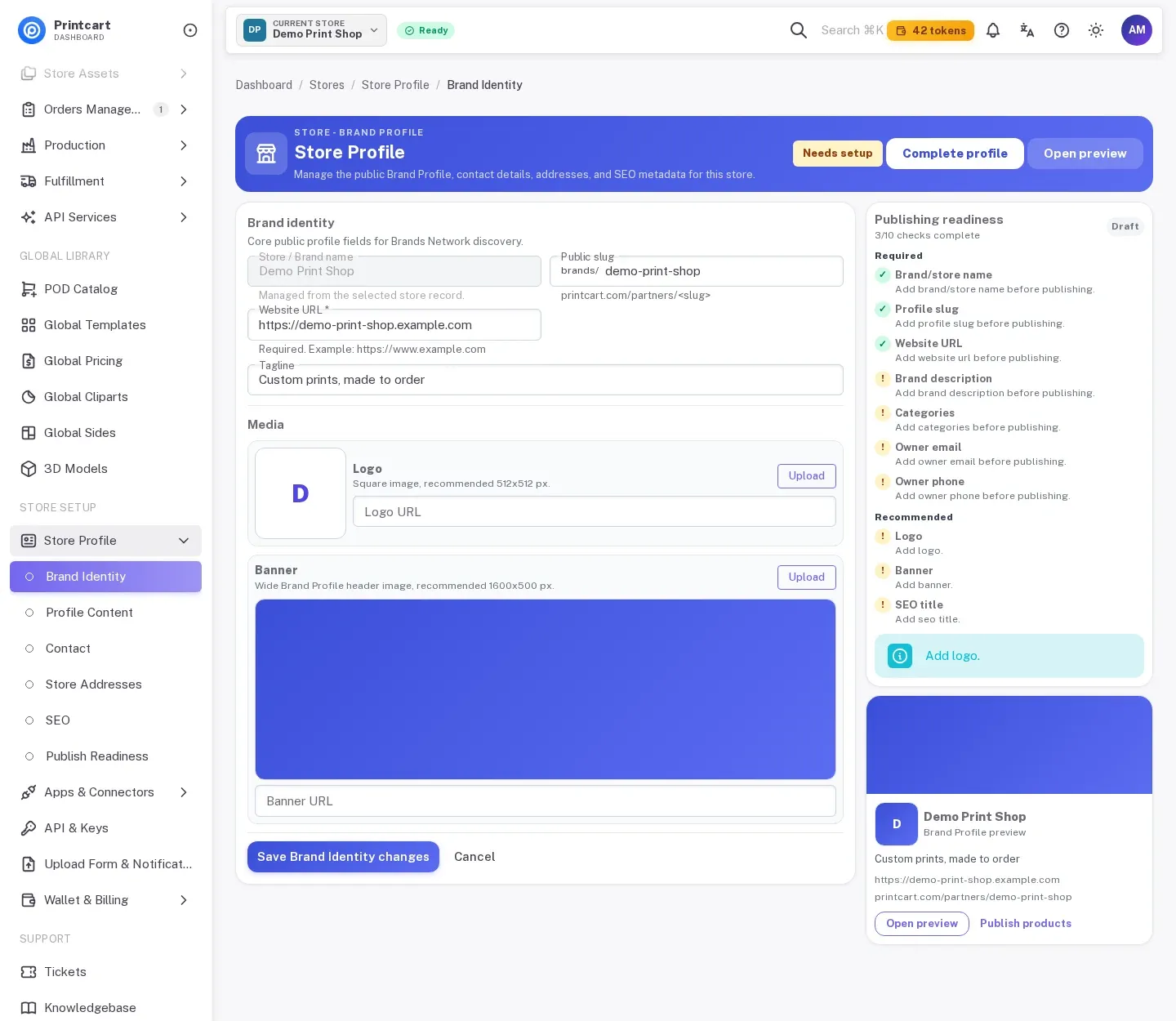 Store Profile after saving the brand identity, with the publishing readiness checklist updated