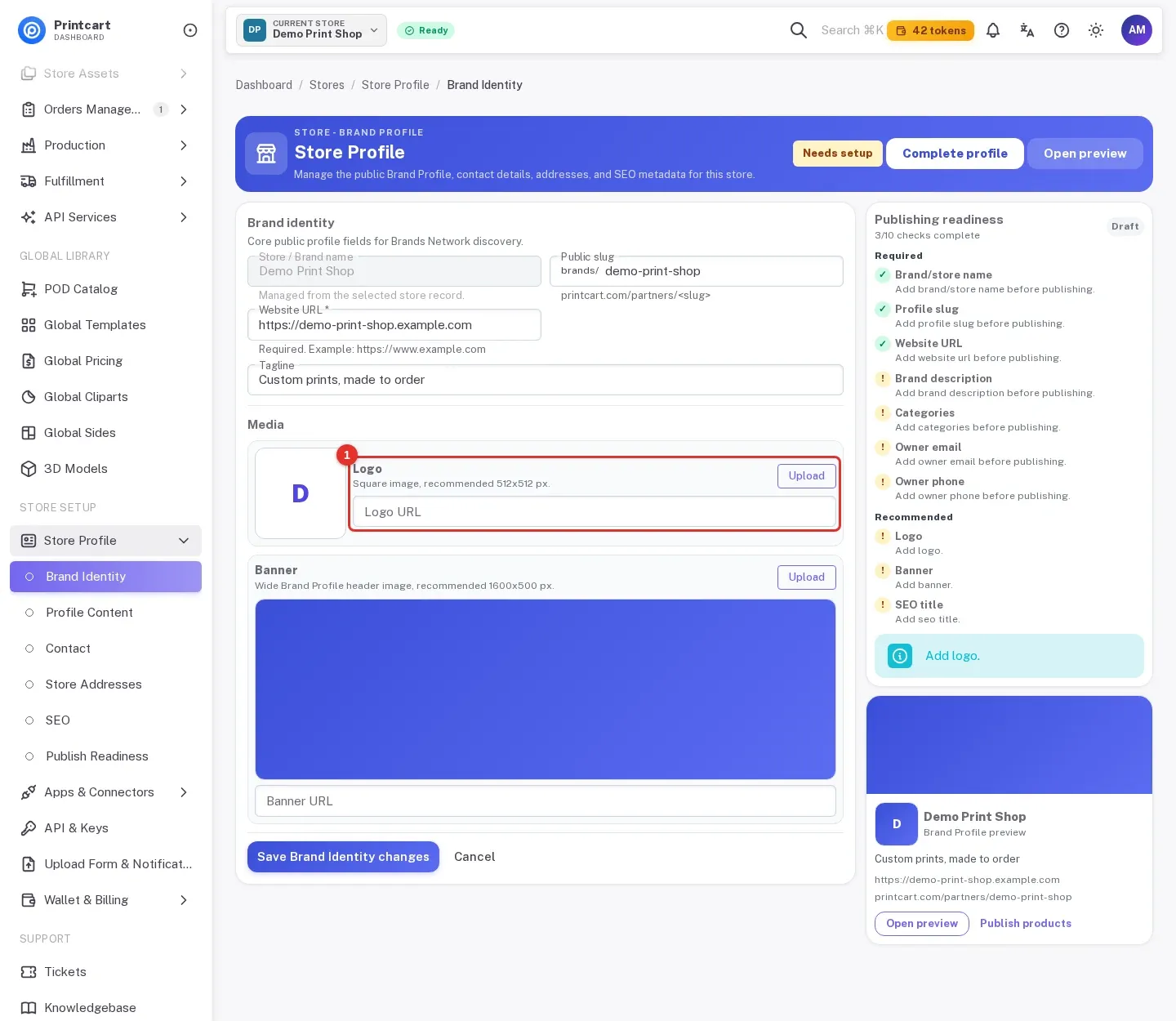 Logo and banner upload boxes in the Media section