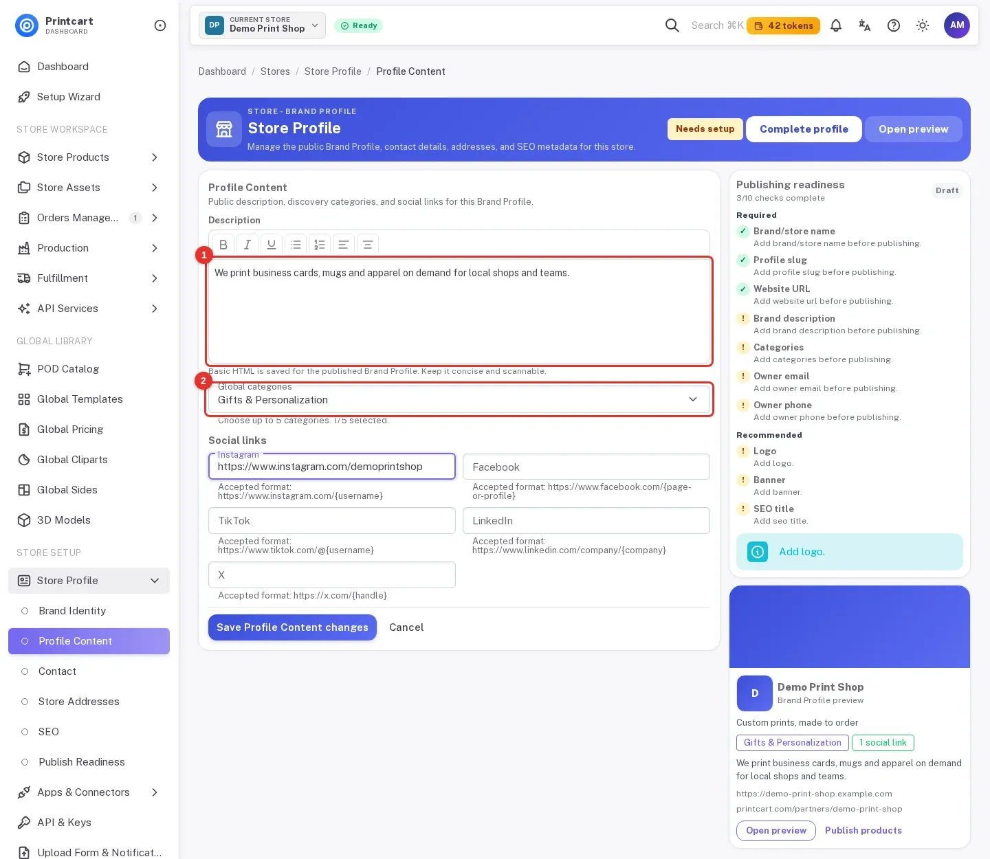 Profile Content form with the description and the global categories highlighted