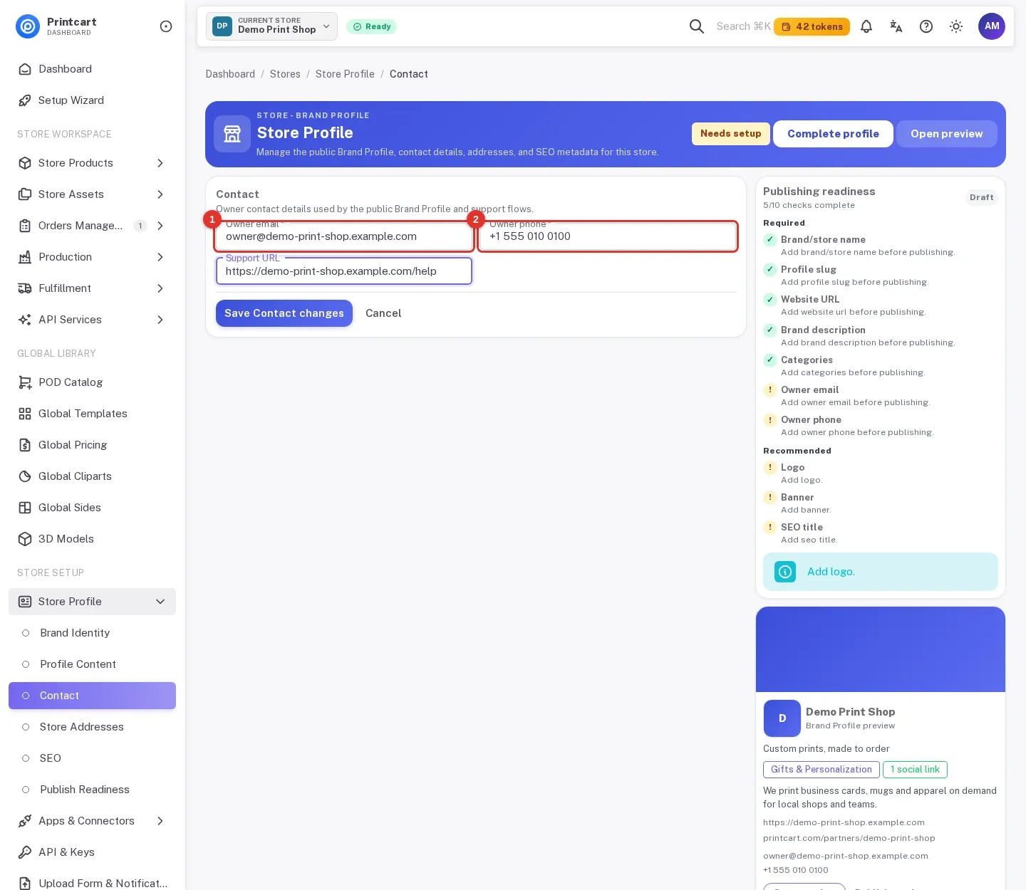 Contact form with the owner email and owner phone highlighted