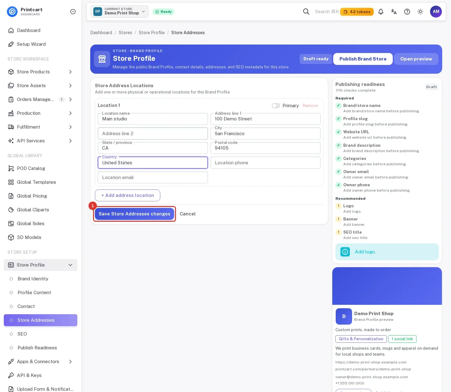 Store address locations form with one location filled in and the Save Store Addresses changes button highlighted