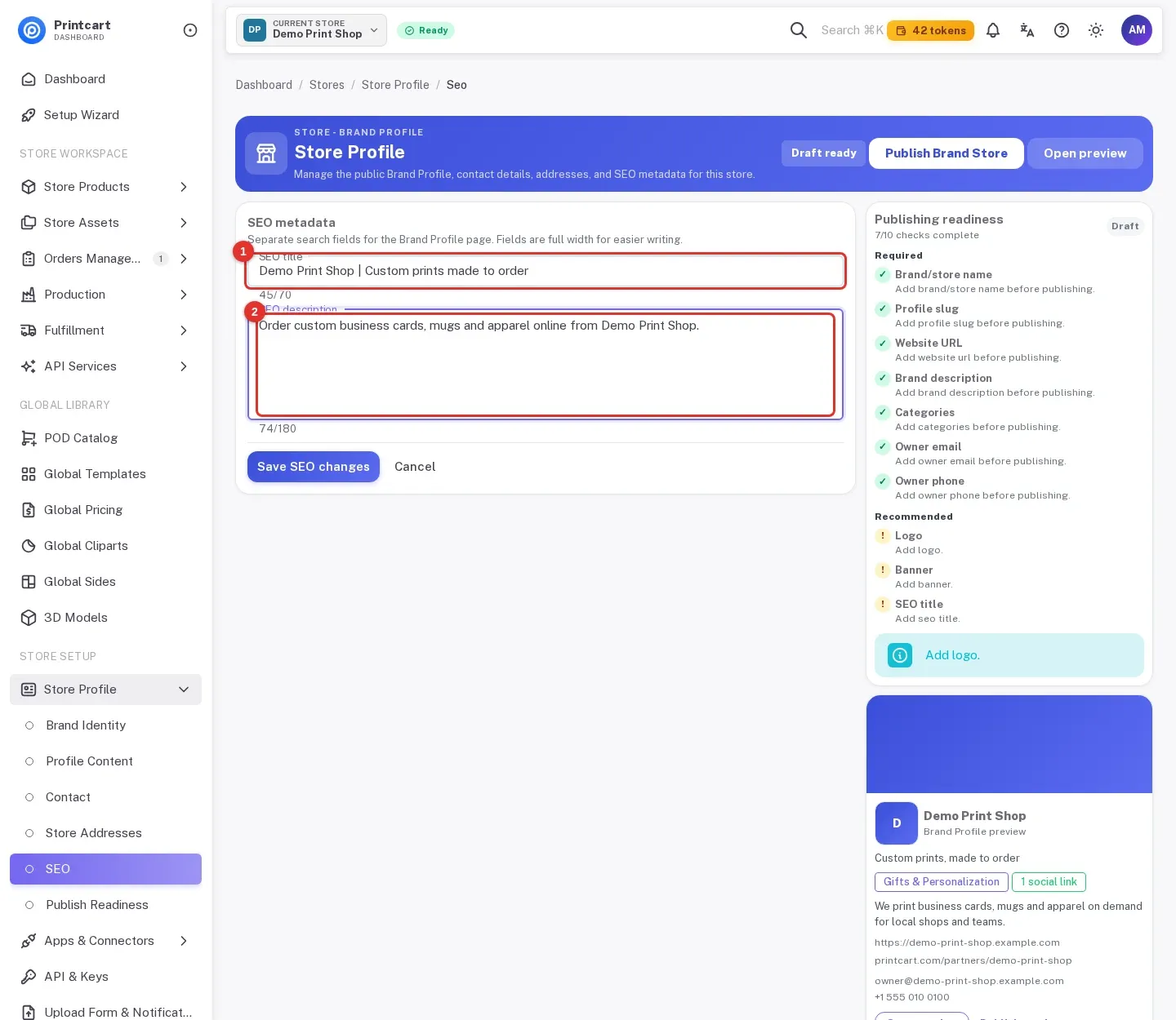 SEO metadata form with the SEO title and SEO description highlighted