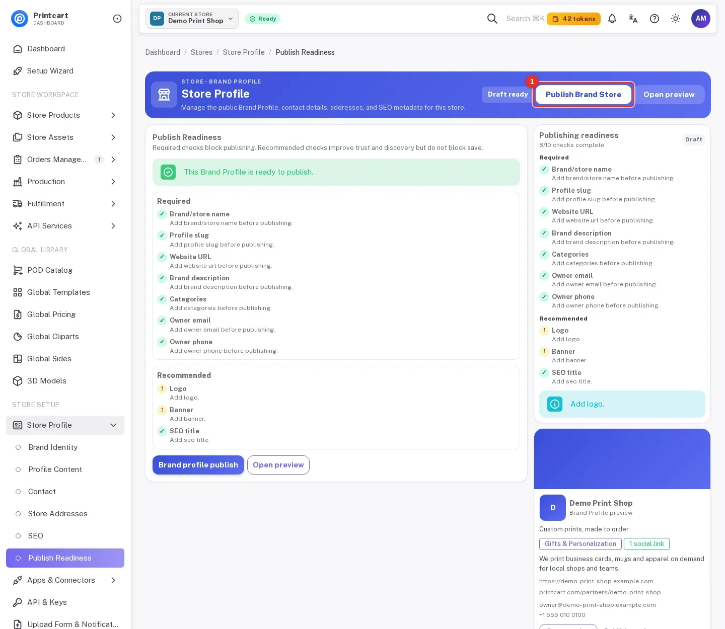 Publish Readiness page showing that the Brand Profile is ready to publish with the publish button highlighted