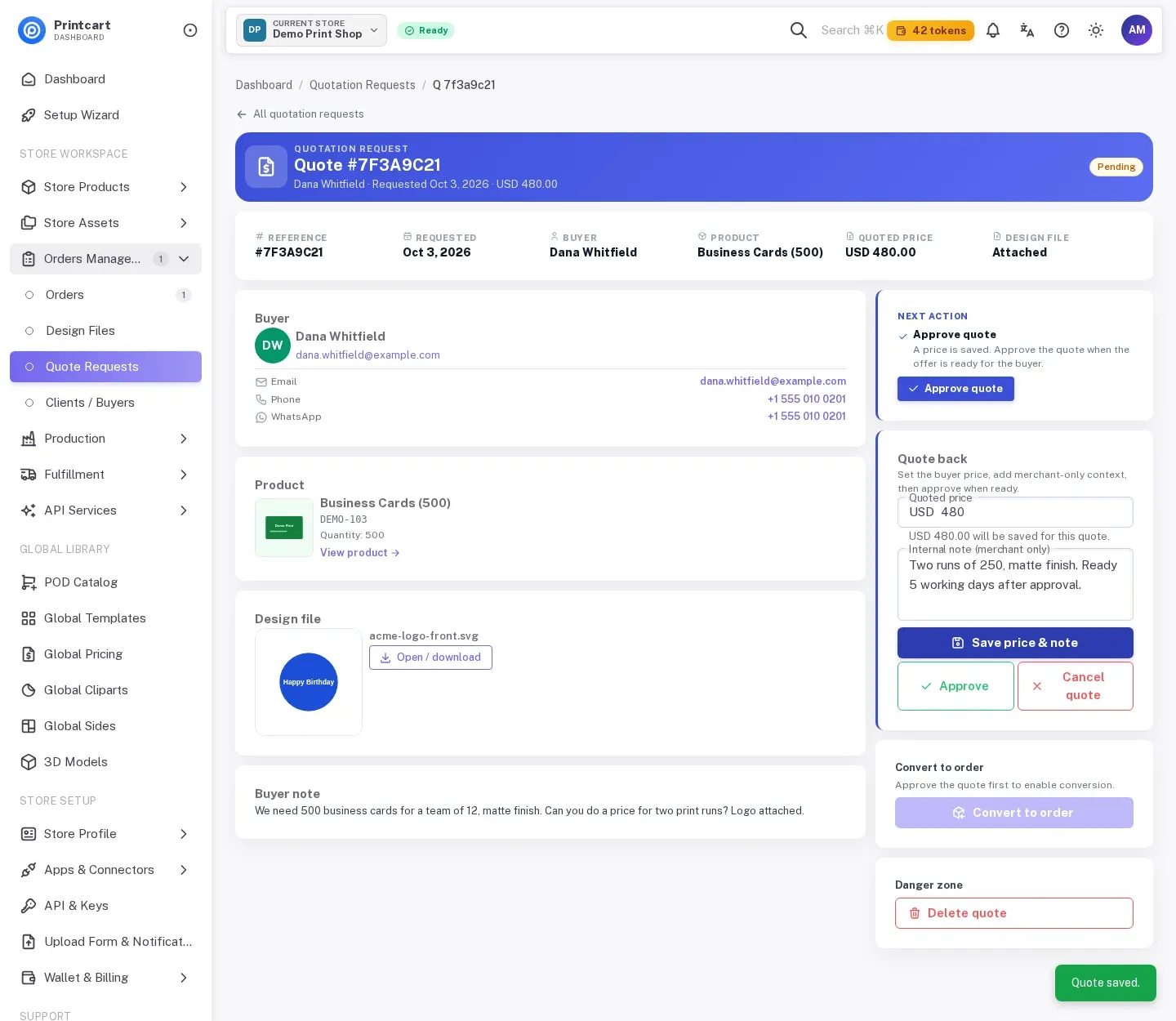 Quote request page after saving, with the green message Quote saved and the price shown in the header