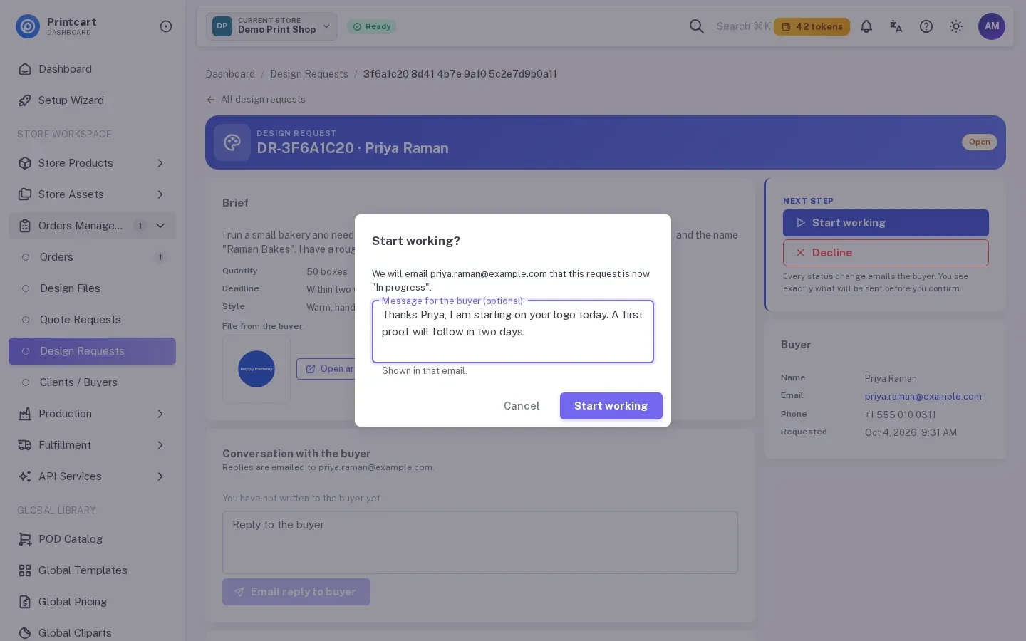 Start working dialog saying the buyer will be emailed that the request is In progress, with a typed message for the buyer