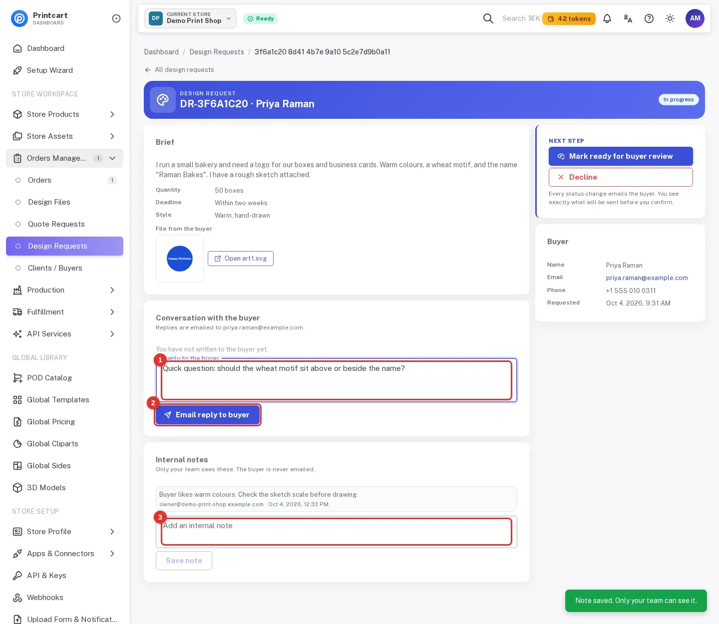 Design request with a reply to the buyer typed in, the Email reply to buyer button and the Add an internal note box highlighted