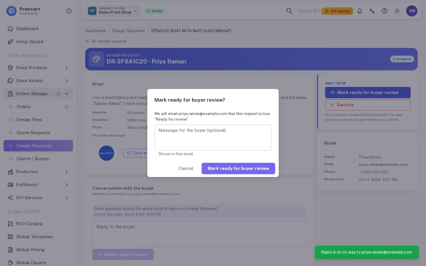 Mark ready for buyer review dialog saying the buyer will be emailed that the request is now Ready for review