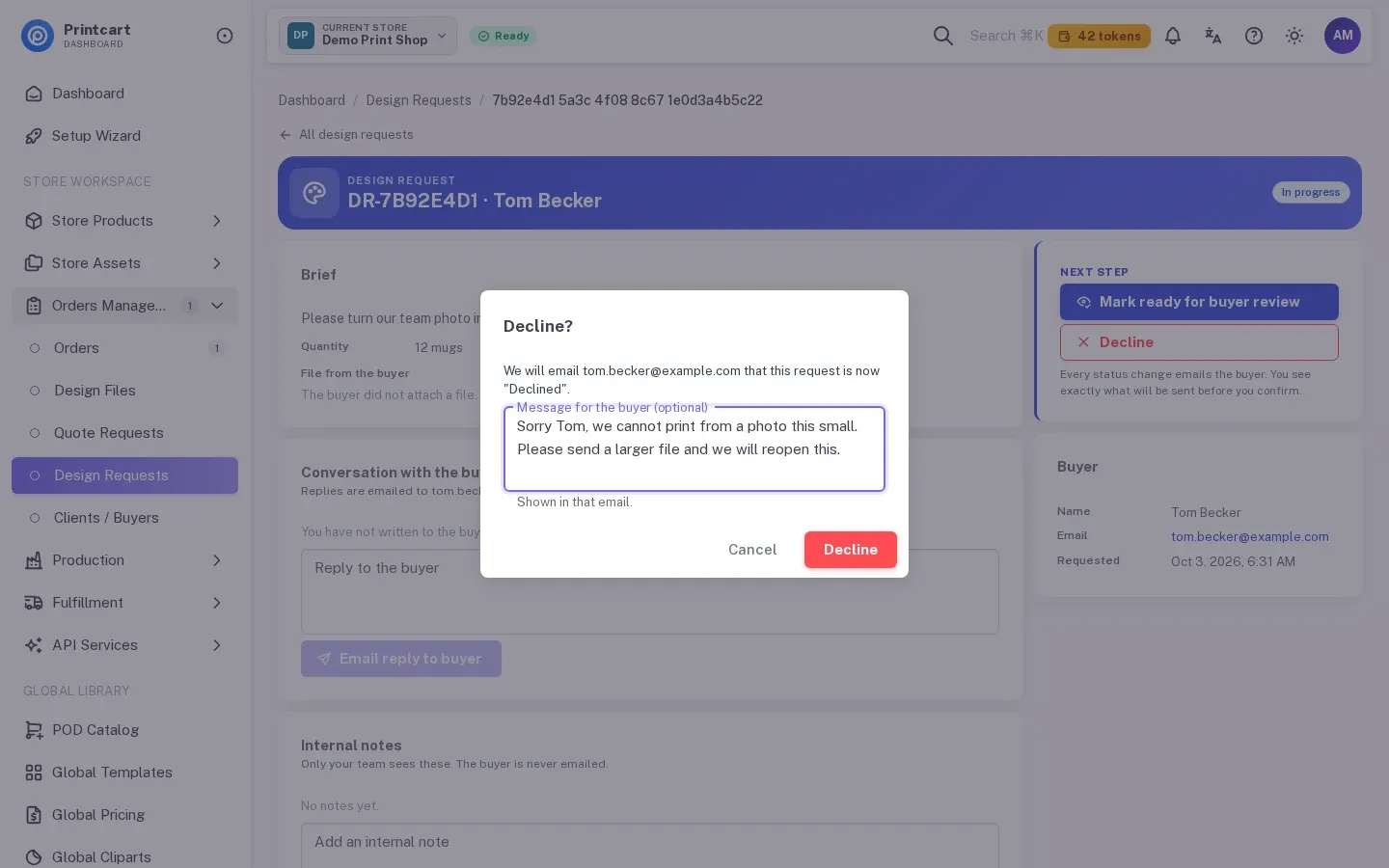 Decline dialog with a typed message to the buyer explaining why the request is declined