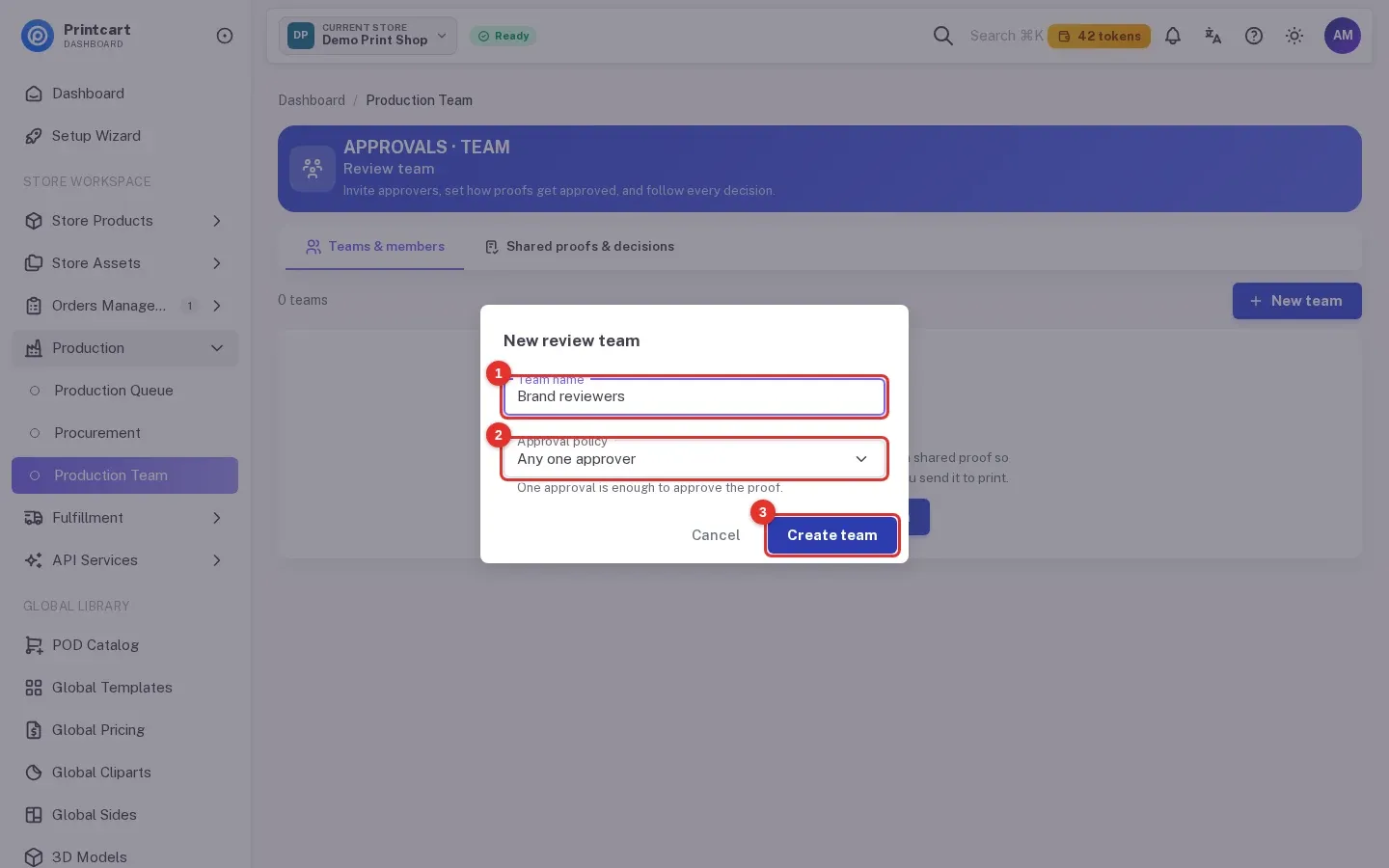 New review team dialog with the team name Brand reviewers, the Approval policy list and the Create team button highlighted