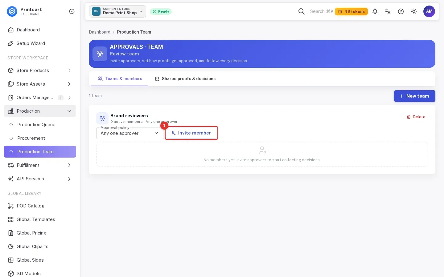 Team card for Brand reviewers with no members and the Invite member button highlighted
