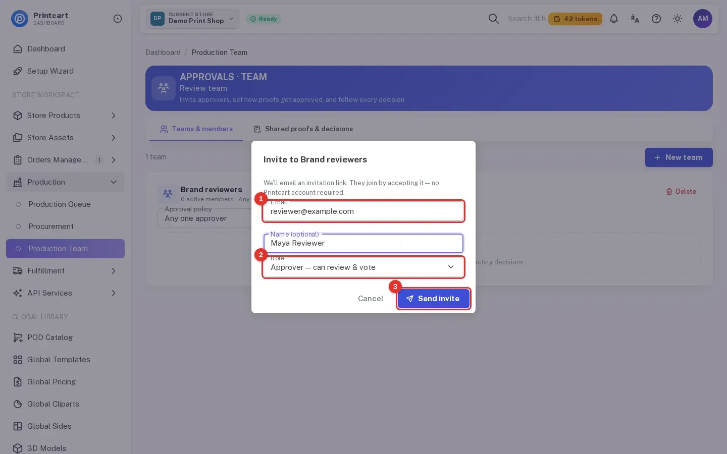 Invite to Brand reviewers dialog with an email address, a name, the Role list set to Approver and the Send invite button highlighted