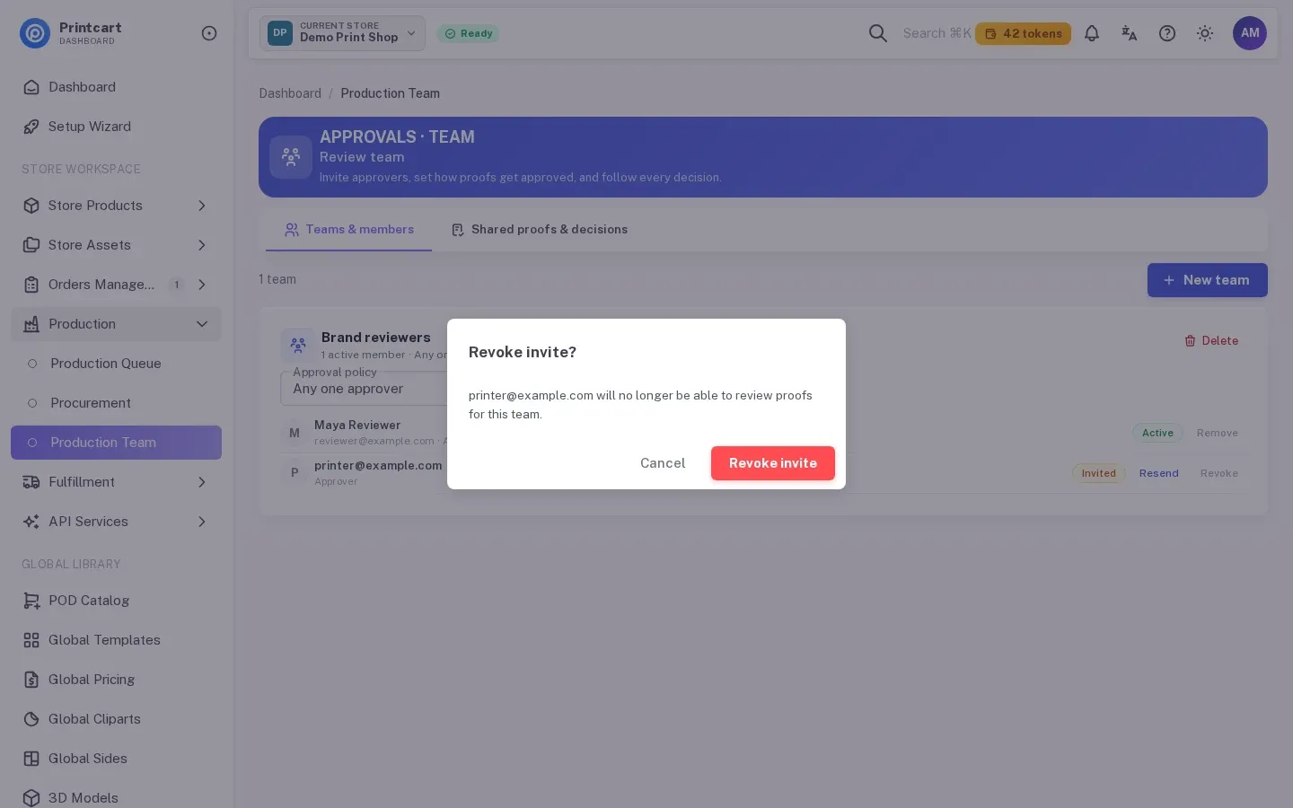 Revoke invite dialog explaining that the person will no longer be able to review proofs for this team