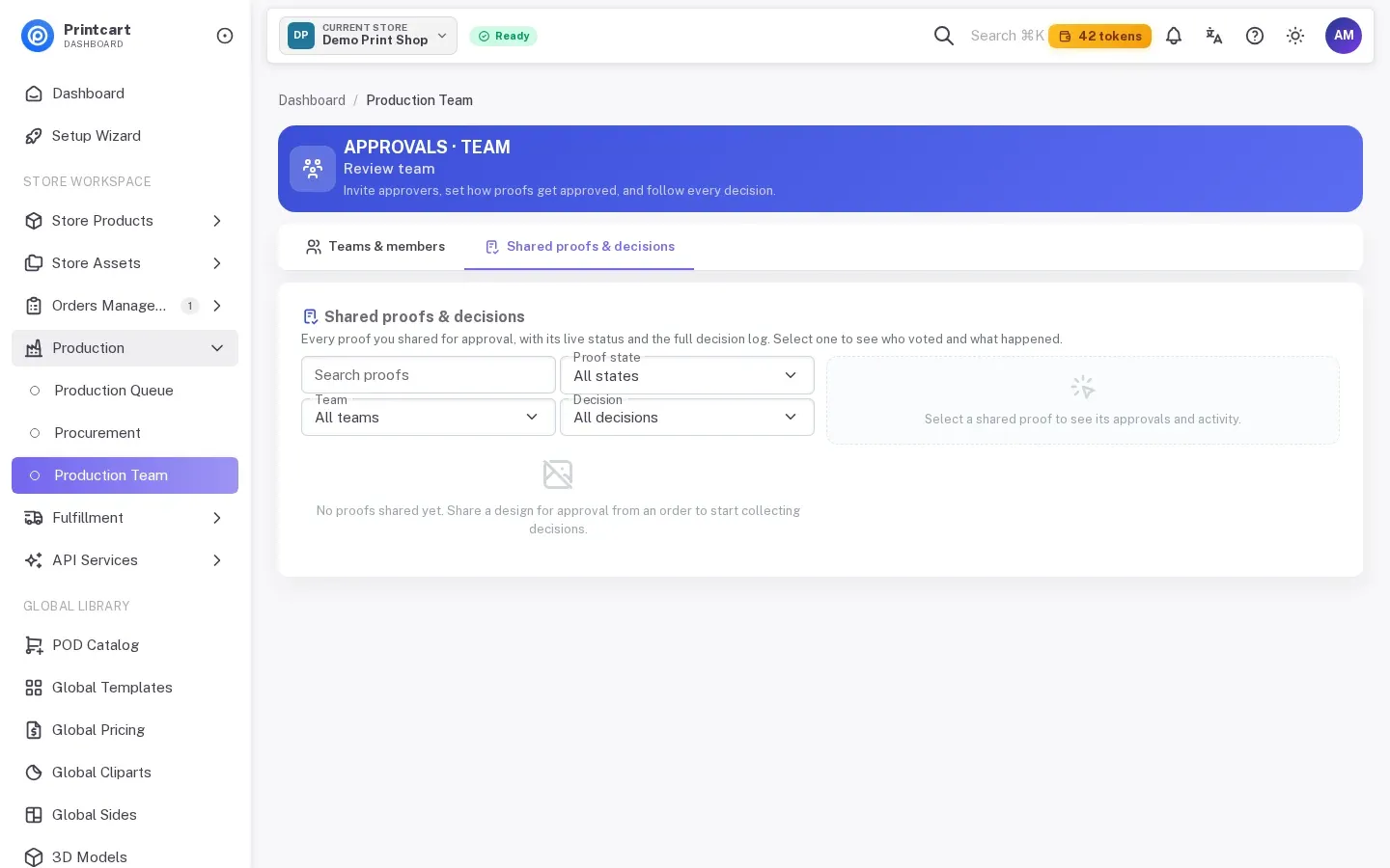 Shared proofs and decisions tab with filters and the message that no proofs have been shared yet