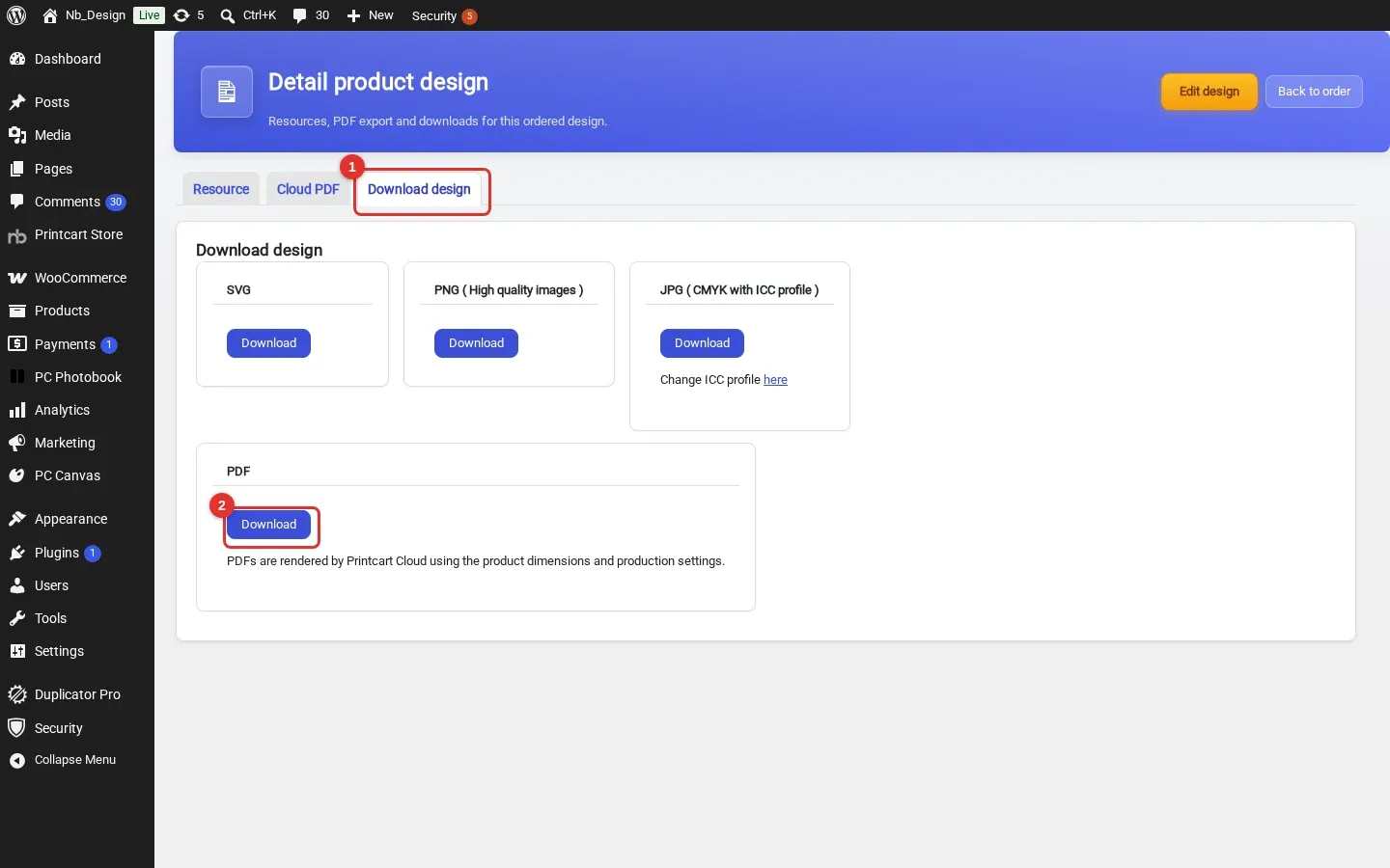 Detail product design page with the Download design tab marked 1 and the PDF Download button marked 2