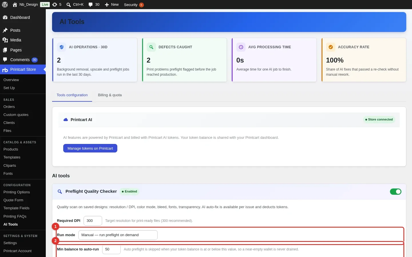 AI Tools settings page with the Run mode options marked 1 and the Min balance to auto-run field marked 2