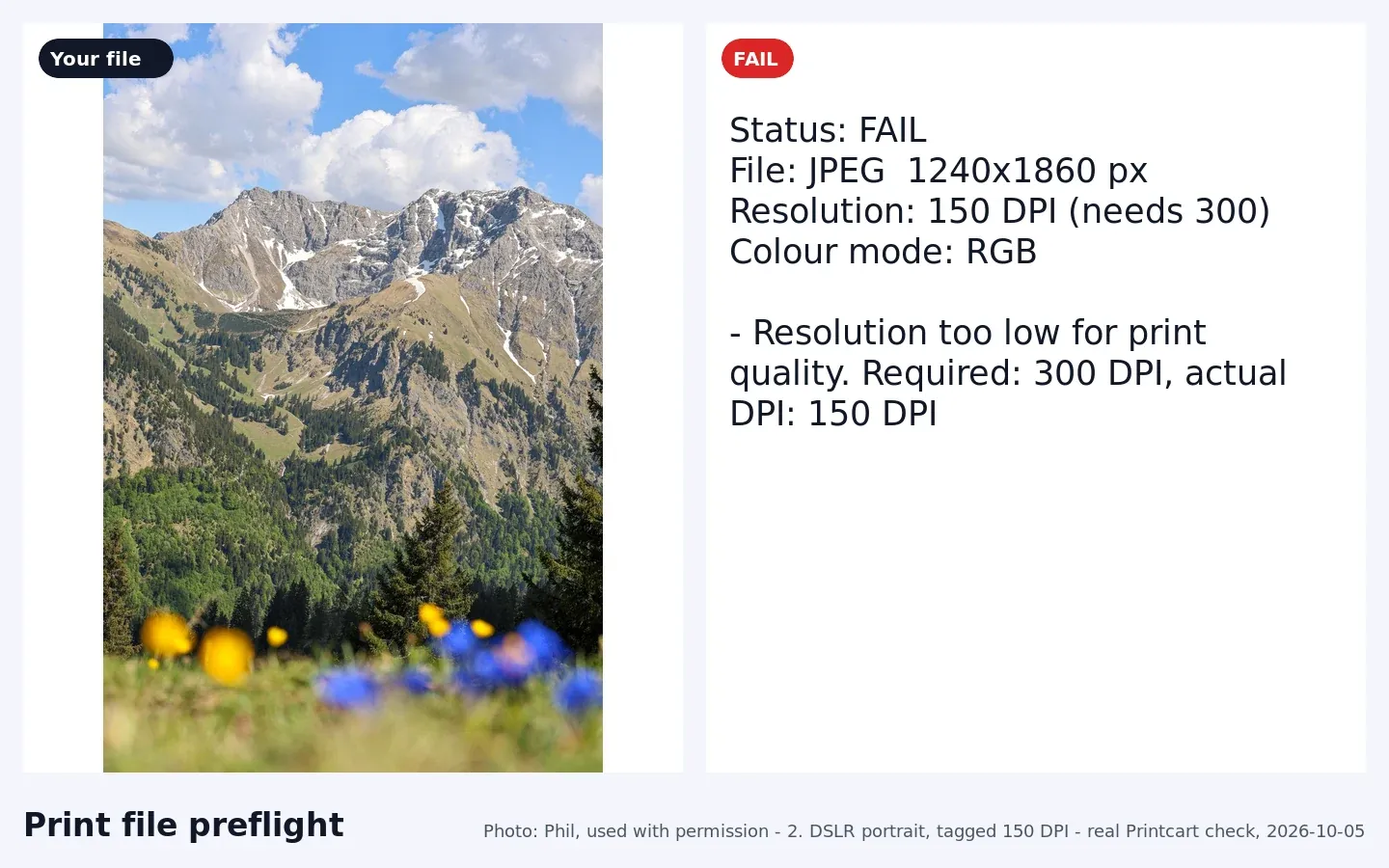 A Printcart preflight report with status fail because a 1240 by 1860 pixel JPEG has 150 DPI when 300 is needed