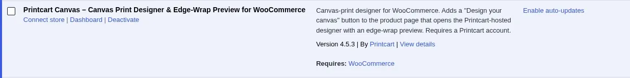 WordPress Plugins screen with the Printcart Canvas row and its Connect store and Dashboard links