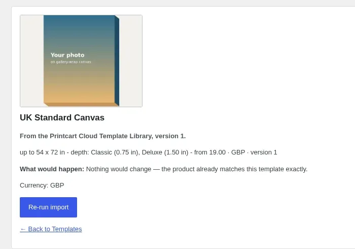 Import preview for the UK Standard Canvas template showing the cover, summary and what would be created