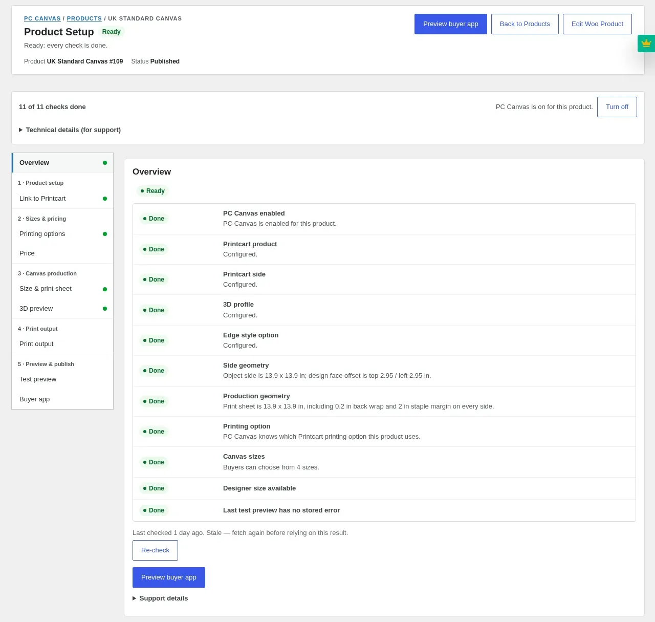 Product Setup Overview for the UK Standard Canvas: verdict Ready and every readiness check Done