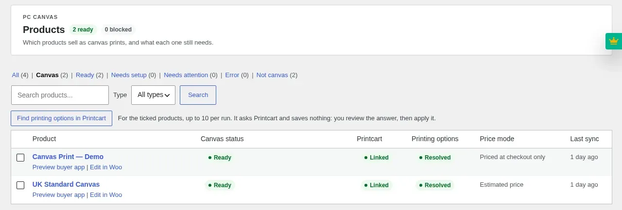 PC Canvas Products list with canvas products marked Ready, Linked and Resolved