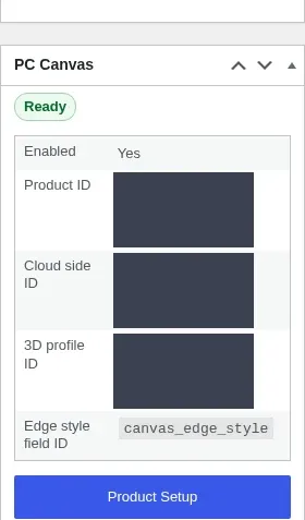 PC Canvas box on the WooCommerce product edit screen with the canvas status and the Product Setup button