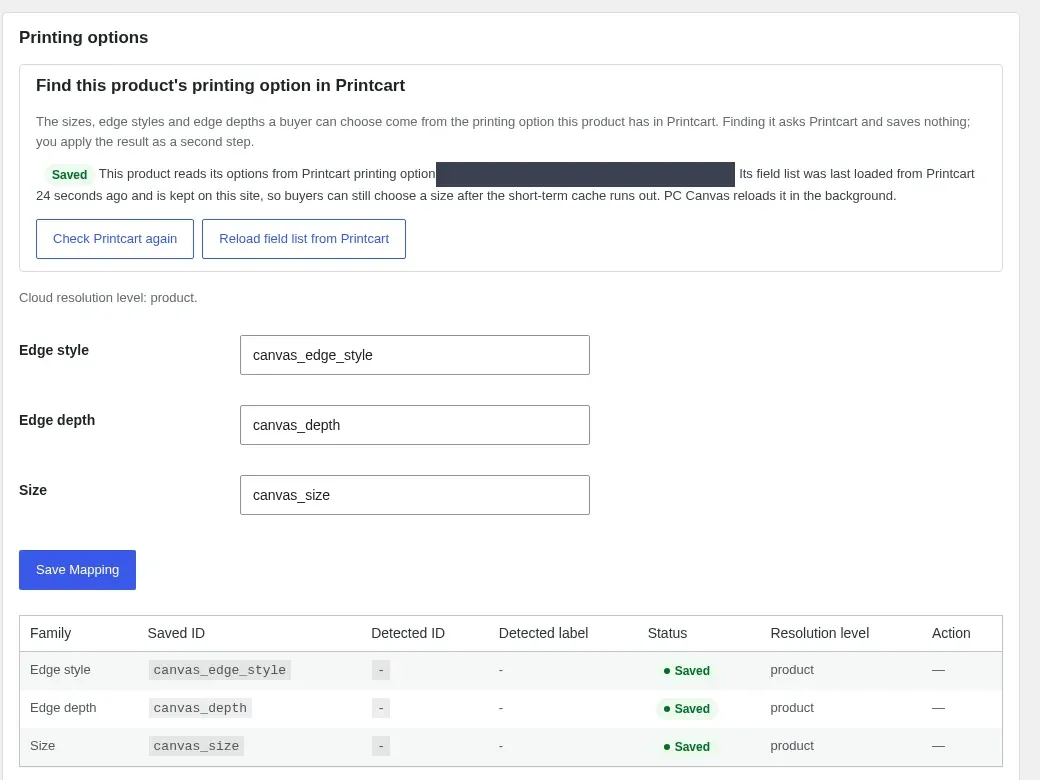 Product Setup printing options step with the size, edge style and edge depth fields all Saved