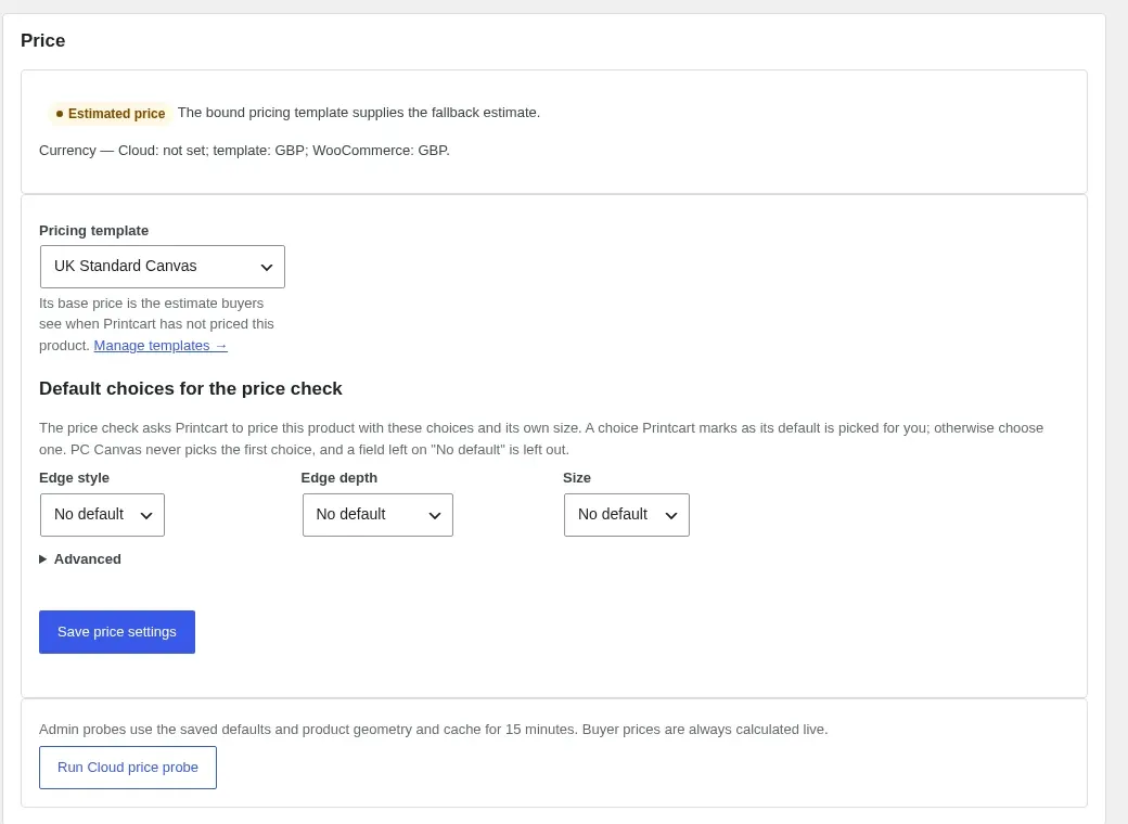 Product Setup price section with the UK Standard Canvas pricing template selected