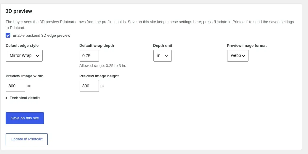 Product Setup 3D preview profile with default edge style, wrap depth and preview image settings