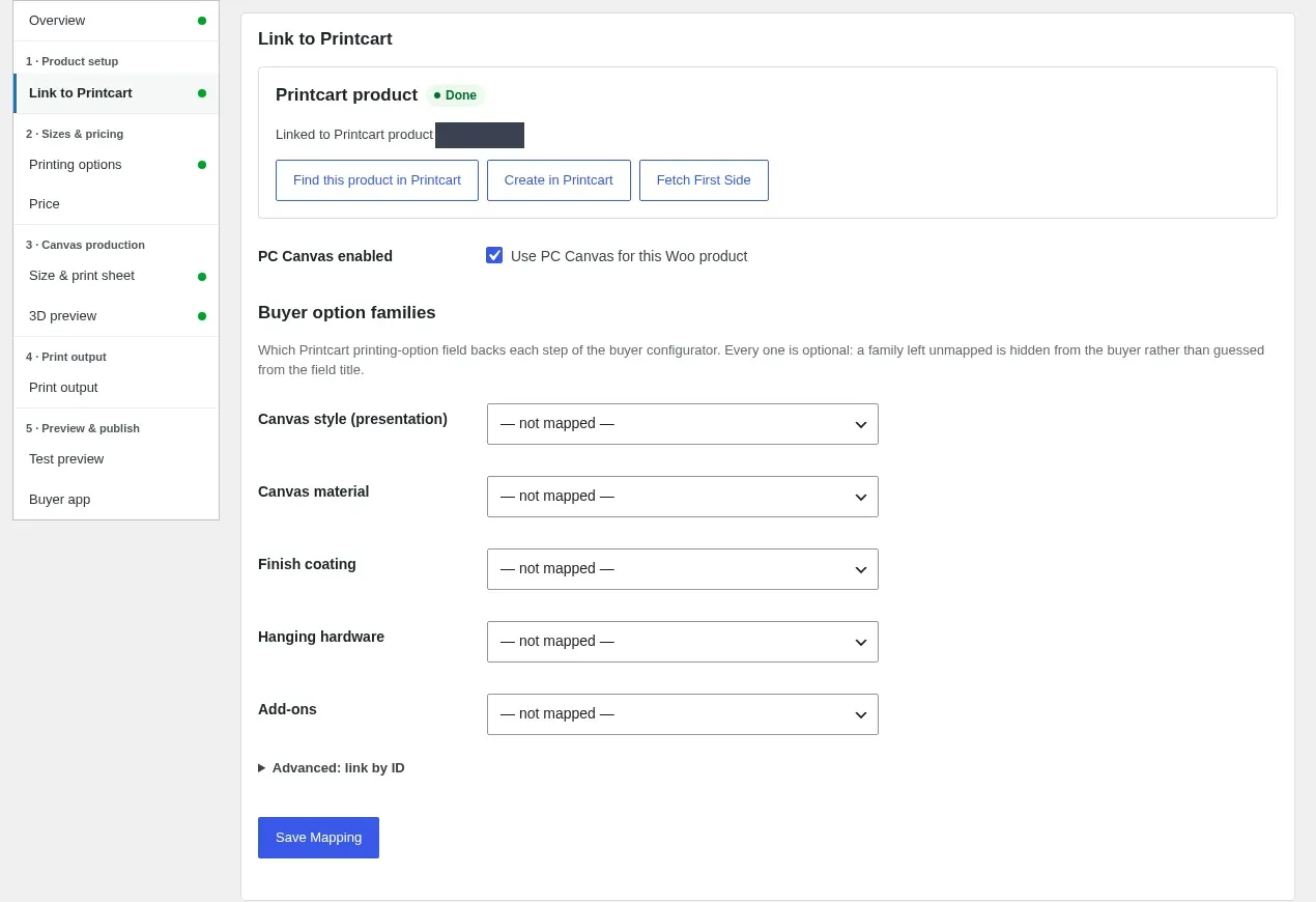 Product Setup Link to Printcart with the buyer option families mapped to Printcart fields