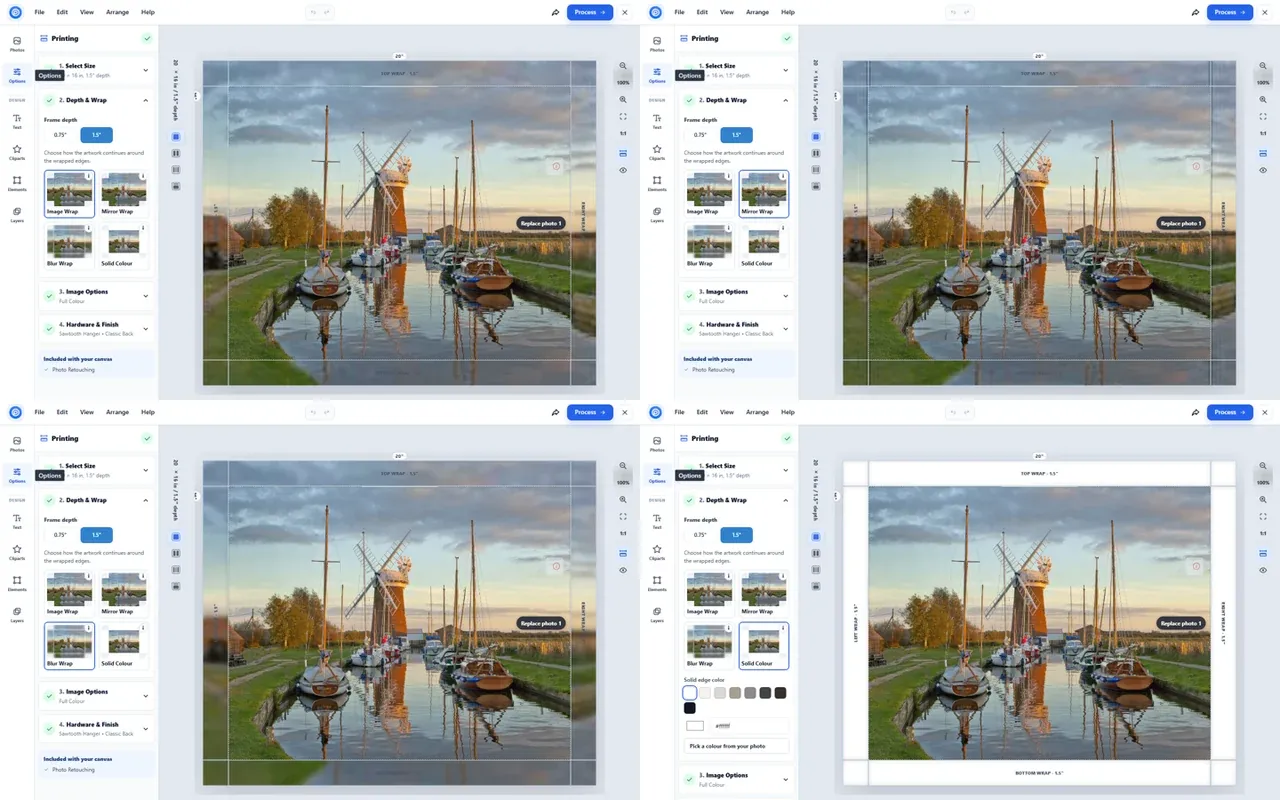 The same photo shown with the four edge styles: Image Wrap and Mirror Wrap on the top row, Blur Wrap and Solid Colour on the bottom row
