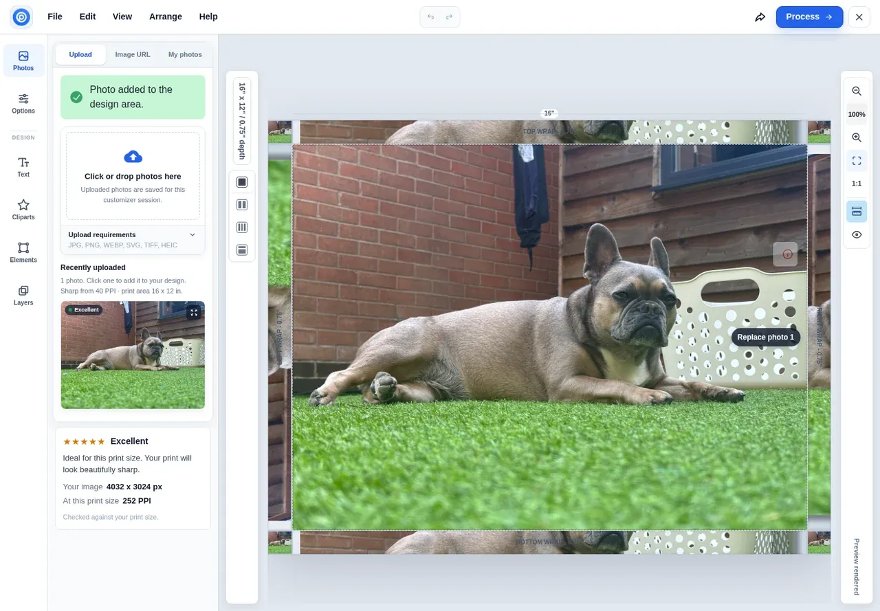 Canvas designer showing the rendered edge preview with the mirrored photo on the sides