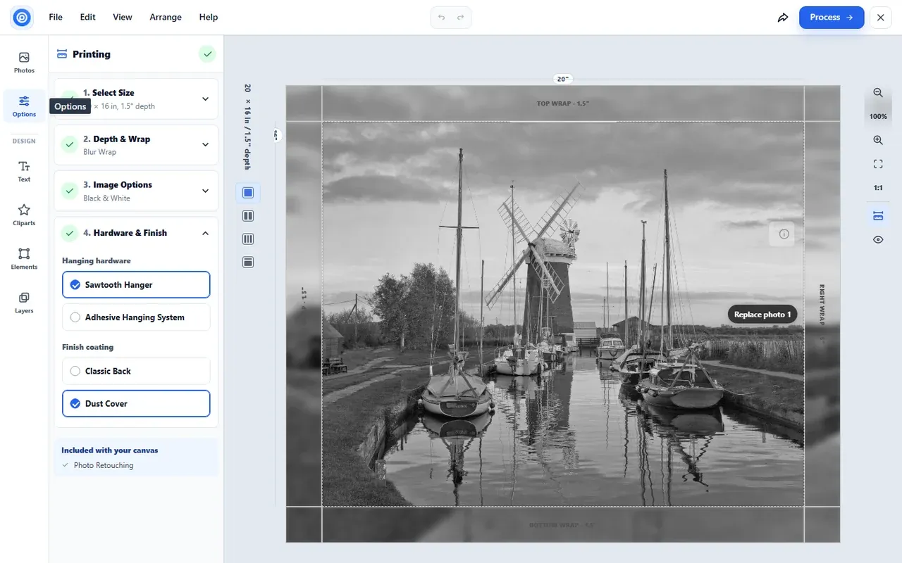 Canvas designer with Blur Wrap, Black and White, Sawtooth Hanger and Dust Cover chosen on a 20 by 16 inch Deluxe canvas