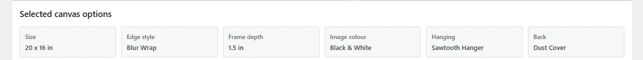 PC Canvas order detail: Selected canvas options with size, edge style, frame depth and extras