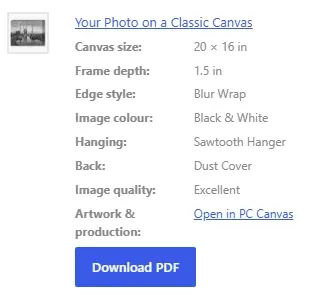 WooCommerce order canvas line with every option and the Download PDF button