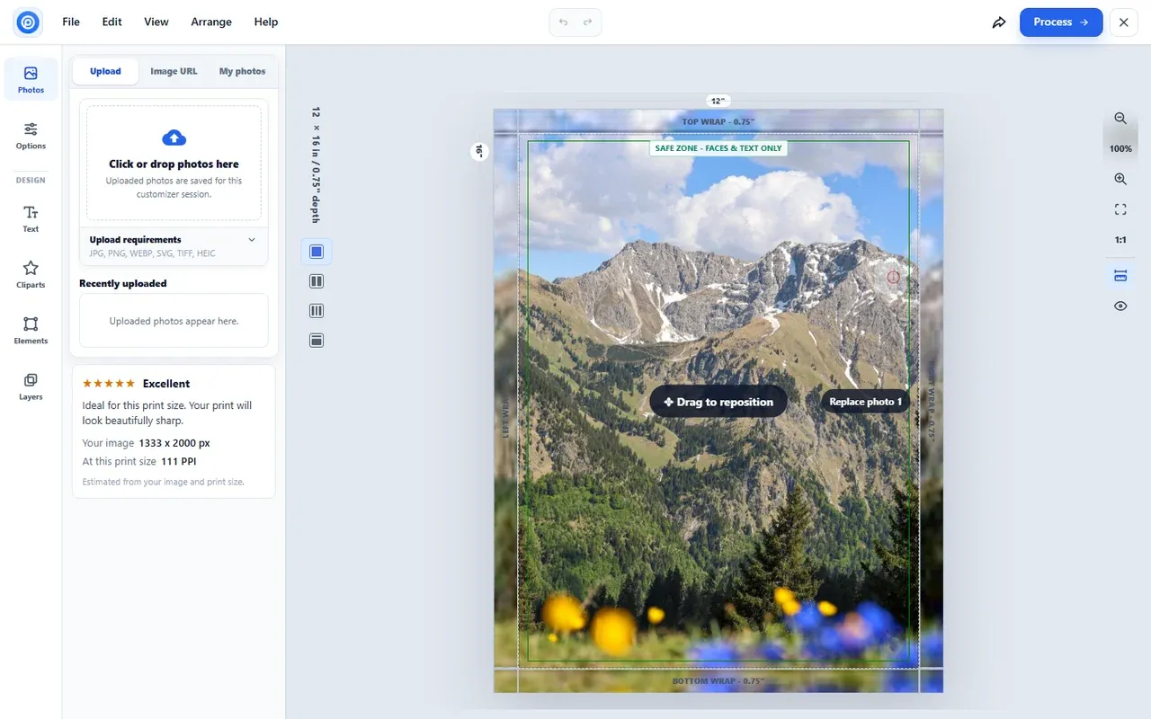 Canvas designer opening with the starter photo of a mountain landscape already placed, an Excellent quality rating and a Replace photo button